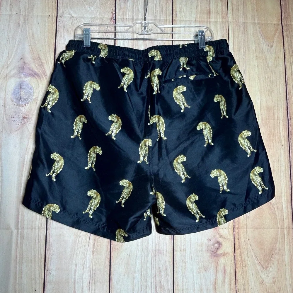 New INC Swim Trunks Mens L Black Gold Tiger Print Mesh Lined Summer‎ Beachy Bold